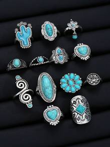 Conjunto de 44 anéis de metal com flor turquesa estilo boêmio, presentes para mulheres em datas comemorativas, acessórios para combinações diárias