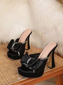 French Sexy Black Satin Peep Toe Slip-On Platform High Heel Sandals, Bowknot Rhinestone Trim, 4.7 Inch Heel, Suitable For Nightclub, Bar, Street, And Commute Wear
