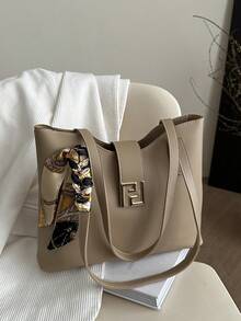 1pc PU Shoulder Bag With Scarf Decor, Large Capacity, Lightweight And Versatile, Suitable For Commuting - Khaki - View 4