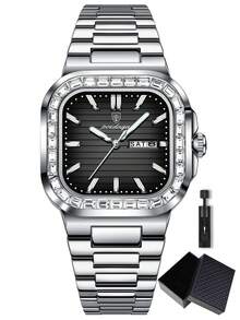 POEDAGAR 1块不锈钢方形表盘日期石英表，休闲防水夜光男士手表，时尚腕表，适合日常佩戴，男士礼物 - 均碼 - 查看 18