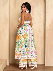 BIUBIU 夏季女士性感优雅白色碎花细肩带前系带上衣和阔腿裤两件套波西米亚风浪漫沙滩休闲度假装