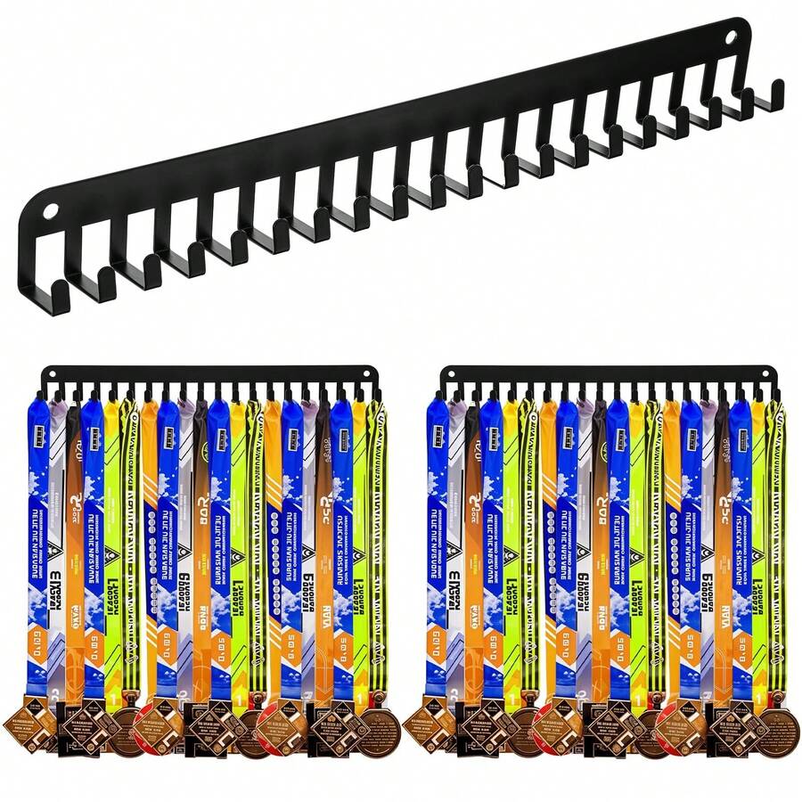 Medal Hanger Display - Personalized Medal Wall Hanger For Sport Race Runner Sturdy Black Steel Metal Over 60 Medals Easy To Install,Medal Display Rack Wall-Mounted Medal Tie Rack 20 Hooks Storage