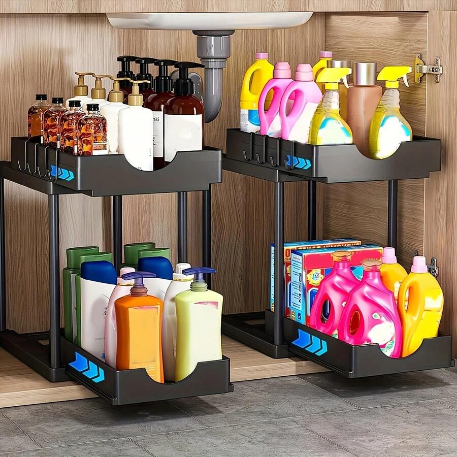 TAIMASI 2-Tier Under Sink Storage Organizer - 1pc Pull-Out Organizers With Slide Out Shelf And Metal Sliding Drawer For Kitchen, Bathroom, Pantry Cabinet, And Closet Organization - Space-Saving Solution For Maximizing Storage Capacity - Black - View 1