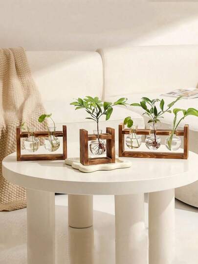 1pc Creative Wooden Frame Hydroponics Small Flower Vase, Glass Container For Greenery, Home Decor, Office Desk Accessory Room Decor Glass Vase