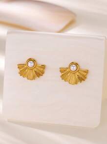 1 Par de Pendientes tipo botón con hojas de ginkgo de lujo para mujeres, de color dorado, con perlas falsas de acero inoxidable. Joyas de moda para boda, nuevo diseño 2025, regalo