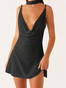 Women Mini Dress Swiss Dot Sleeveless Spaghetti Strap Cami Dress Summer Backless Dress With Choker Scarf - 黑色 - 查看 1