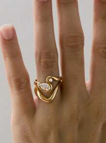 1 pieza Anillo con forma de gota de agua de línea geométrica con perla y circonita, anillo de oro ligero y lujoso de cobre, adecuado para uso diario, citas, fiestas, playa, boda, anillo de compromiso, joyería de boda, regalo de joyería