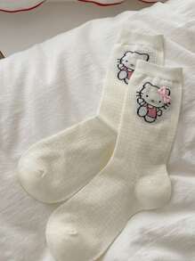Sanrio 1Pair Sanrio Hello Kitty Women's Mid-Crew Socks | Mesh Cotton Summer Design With 3D Bow Accents (Grey/Blue/Cream), Breathable & Lightweight For Casual Wear, Kawaii Christmas Gift
