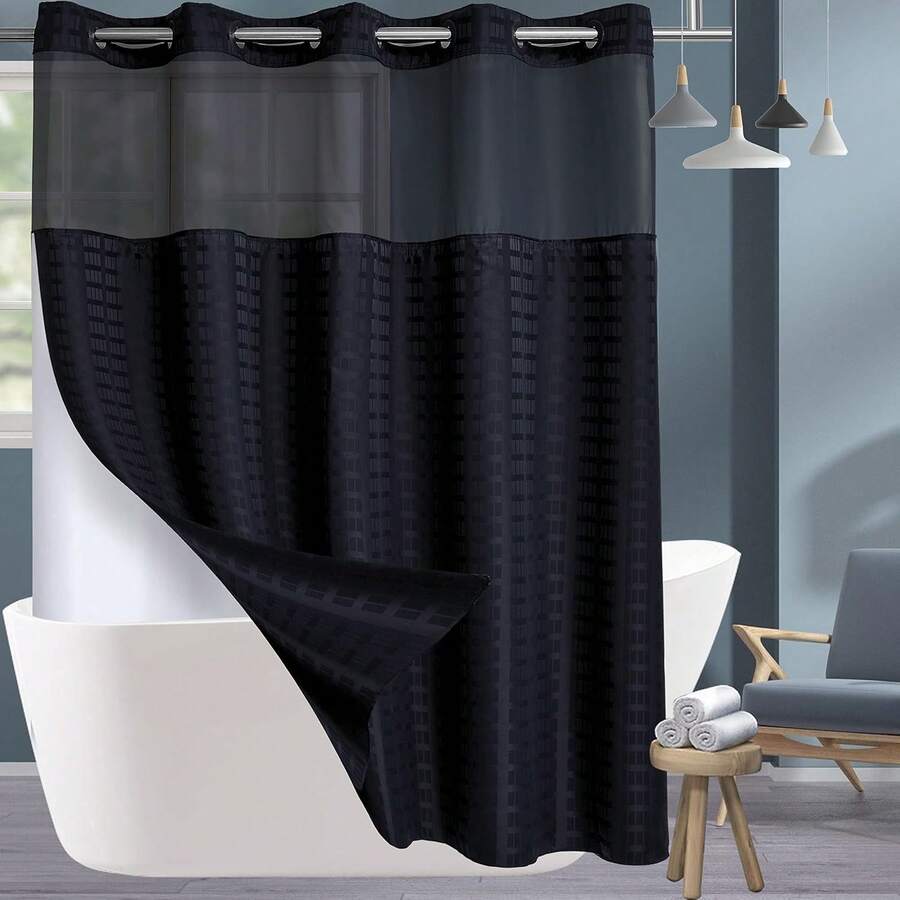 Wide Hotel Fabric Shower Curtain With Snap In Liner 108" X 74" For Bathroom Machine Washable Waterproof Repellent Shower Curtain (White 108" (W) X 74"(H)) - 格紋黑色 - 查看 1