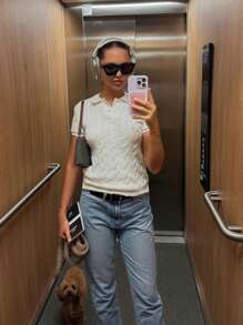 Spring/Summer New White Polo Collar Twisted Flower Short Sleeve Knitted T-Shirt For Women, Slim Fit Button Half Open Casual Commuter Style Top