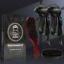 4 In 1 360 Waves Brush Kit For Men & Women, Wave Brush Silky Durag Wave Cap Set - Including 2pcs Durag Caps & Brush With Wooden Handle, Silky Shine & Training, Curved Brush, Durag Cap Set, Du-Rag Extra Long Tails