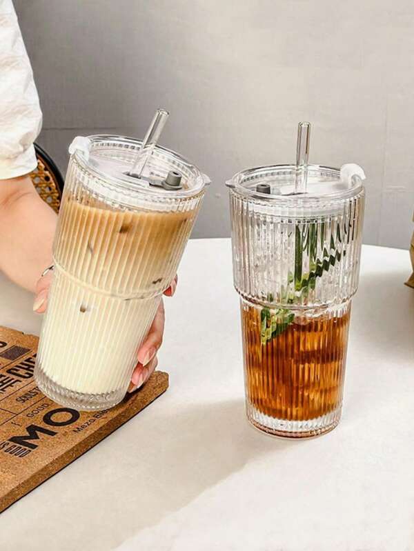 1 pieza Vaso de vidrio acanalado estético, taza para café helado, vaso para batidos, vaso para jugo, vaso para agua, vaso para bebidas con tapa y pajita, diseño de rayas verticales apilable, reutilizable, para bebidas de verano, fiestas, uso diario, hogar y oficina, adultos, 450ml