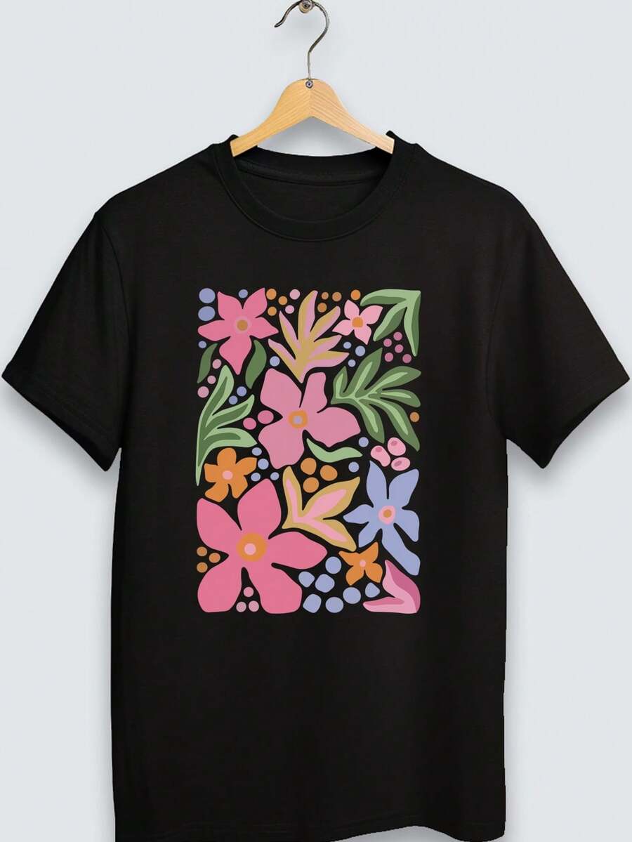Camiseta Algodão Verão Juvenil e Infantil Unissex Flor Flores Menino Menina - Preto - Visão 1