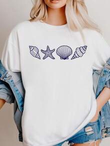 Tshirt Feminina Estilosa Estampada Elementos do Oceano Estampada Lançamento Camiseta 100% Algodão Camisetão Solta Oversized Plus Size Camiseta - Branco - Visão 1