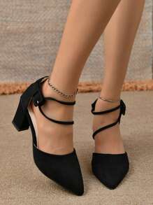 Women's Black Thick Heel Sandals With Strap Design, Summer New Pointed Toe Criss-Cross Medium Heel Pumps
