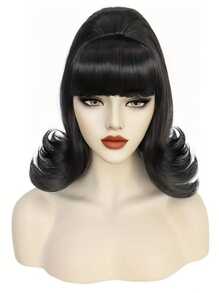 Ultimate Retro Chic 14-Inch Black Wig With Bangs | Heat-Resistant Synthetic Hair For Themed Parties And Halloween
