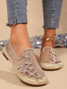 Women's Comfortable Soft Flat Shoes, Bohemian Sparkly Woven Fisherman Shoes, Lightweight Casual Shoes, Breathable Mesh Open Design For Summer Outdoor Wear