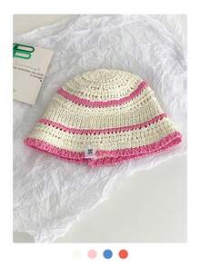 1 件粉色宽边草帽，女士夏季沙滩帽，户外防紫外线透气镂空编织渔夫帽，宽边遮阳帽，百搭渔夫帽，黑色针织帽， - 草編漁夫帽 - 查看 28