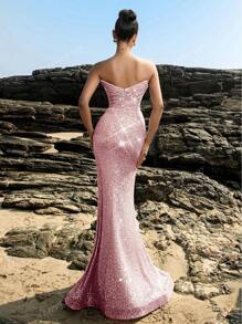 Luxury Strapless Split Mermaid Hem Prom Dress, Elegant Sequin Evening Dress, Formal Prom Gown, Wedding Guest Dress Women, For Wedding Guest, Graduation, Dinner, Beach Vacation Spring Summer Outfits