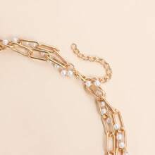 1pc Bohemian Style Starfish Shell Tassel Faux Pearl Necklace, Handmade Multilayer Pearl Choker Necklace, Suitable For Bikini Beach Vacation Wear