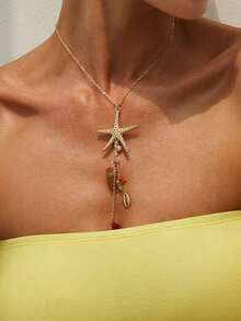 1pc/2pcs/3pcs/Set Ocean Vacation Style Thin Chain Starfish Shell Tassel Pendant Necklace & Earrings, Luxurious Lightweight Vacation Party Women Couple Street Carnival Versatile Jewelry Accessories Gift - Gold - View 5