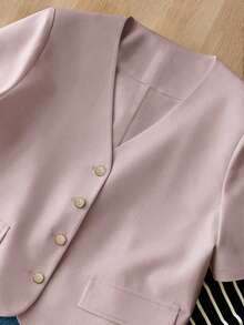 Women's Casual Resort Linen V-Neck Loose Short Sleeve Blazer, Spring/Summer - Pink - View 7