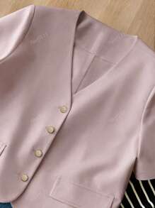 Blazer casual in lino con scollo a V, maniche corte e vestibilità morbida, adatto per primavera/estate da donna