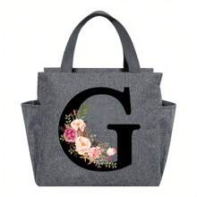 1pc Elegant Floral & Letter Tote Bag - Insulated Lunch Bag, Made Of Durable Polyester, Grey With Pink Flowers & Green Leaves, Suitable For Office, School And Outdoor Picnic