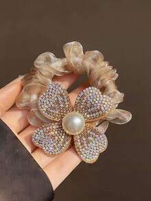 2pcs Faux Pearl & Rhinestone Decorated Hair Scrunchies, New Mesh Four-Leaf Flower Petal Hair Ties, French Elegant Ponytail Holders, Shiny Polyester Hair Accessories ,Head Piece Hair Ties Head Accessories Elastic Band Hair Rubber Bands - As Shown - View 7