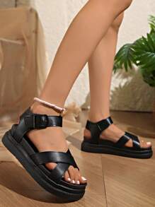 Women's Flat Sandals, New Thick Sole Black Sandals, Roman Style Non-Slip Versatile Fashion Sandals, Summer Casual Beach Sandals