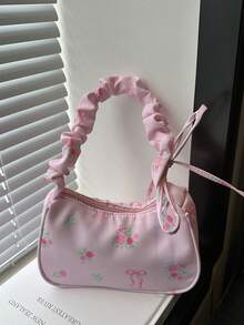 Túi đeo vai họa tiết hoa Ditsy mới, Túi tote xếp ly giản dị thời trang dành cho nữ, Sức chứa lớn - Hồng - Xem 7