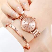 2 piezas Juego de lujo dorado Reloj de mujer Brazalete de damas Pulsera de acero inoxidable LOVE como regalo para mujeres