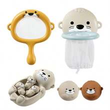 可爱的水獭沐浴玩具套装，儿童浴缸水上游乐套装篮板套件，配有强力吸盘，可牢固地粘在浴缸/泳池上。使用水獭渔网接球、漂浮和瞄准比赛，是浴室水浴缸游戏泳池派对的绝佳礼物