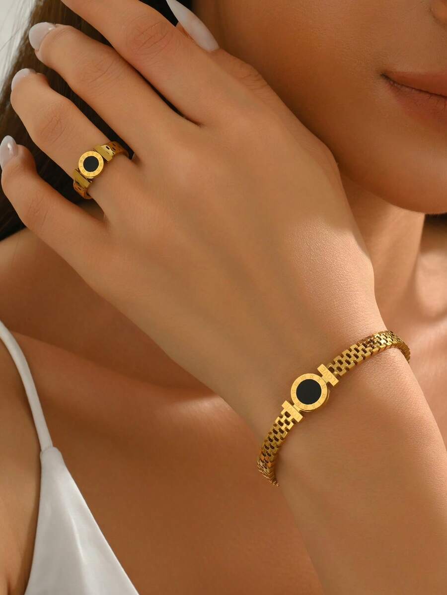 2 cái/bộ Châu Âu và Châu Mỹ Sành điệu Màu vàng Đĩa nhạc Chữ số La Mã Vòng tay & Bộ nhẫn , Thích hợp Đối với Mặc hàng ngày