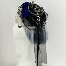 1 Stück Vintage Gothic Stil Rose Spitze Mini Hut, Lolita Stil Haarschmuck mit kleiner Kreuz Perlen Kette, Haarspange mit burgunderroter Blumen Deko für Partys, Kostümspiele, passend für Hochzeit, Ball und besondere Anlässe, exquisite Spitze