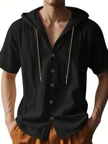 Men's Linen Short Sleeve Shirt, Solid Color Hooded Button-Up Cardigan, Loose Men's T-Shirt, 2025 Men's Lightweight Breathable Top, Gift For Boyfriend, Hoodie