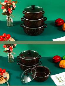 3pcs 16-20cm Thick Rim Enamel Mini Cookware Set: Double-Ear Porridge Bowl, Soup Pot, Stew Pot, Mini Pot, Skillet, Stew Pot, Casserole, Seafood Pot, Noodle Pot, Small Hot Pot. For Cooking Porridge, Milk, Soup, Noodles, Suitable For Babies, Adults, And Children, With Non-Stick Enamel Surface. Enamel Cookware Set, Kitchen & Dining Food Storage, Outdoor Camping Cookware, Compatible With Electric Stove And Gas Stove, Not Suitable For Microwave, Gift Set, Sizes Are 6.5"/7.1"/7.9" - Multicolor - View 8