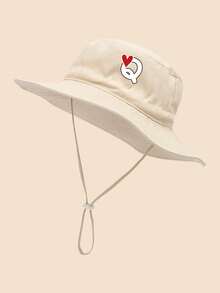 1 pieza Sombrero de sol para niños con patrón de corazón y letra, con cordón ajustable a prueba de viento, estilo casual tipo cubo para uso diario al aire libre, playa, protección solar - Beis - Ver 44