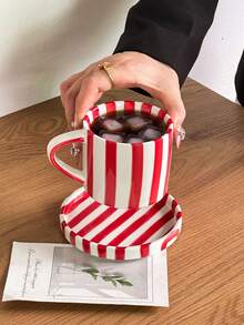 1pc Ceramic Mug & Saucer Set, Minimalist Vertical Stripe Pattern Coffee Cup, Design High Aesthetic Value Mug, Medium Size Coffee/Tea Cup, Suitable For Photography, Gift, Birthday - 彩色 - 查看 3