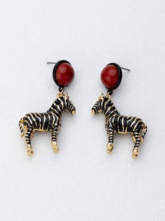 Nuevos aretes pendientes de forma de animal de metal de cebra 2025, aretes redondos rojos de botón