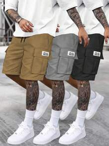 Hidkat [Primavera/Verano] Pantalones cortos tipo cargo de unicolor para hombre con múltiples bolsillos, pantalones cortos casuales con cordón para verano