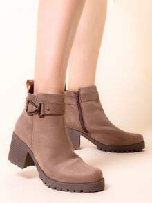 Botines de tacón alto mujer, botines con hebilla redonda, botines sintético ,elegantes, calzado urbano mujer, botines para otoño invierno, botas estilo minimalista, botines fashion mujer, botas caña media. - Gris - Ver 1