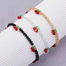 3pcs/Set Colorful Glass Beaded Cherry Blossom Elastic Bracelets, Crystal Cherry Bracelet Set