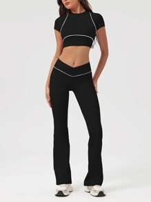 Sodalemon Women Color Block Fitness Set Short Sleeve Yoga Training Crop T-Shirt V-Cross Lift Buttocks Casual Flare Pants 2 Pcs Sport Set