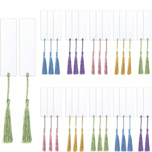 1 Set Of 60 Pieces, 30 Rectangular Acrylic Sheets, 30 Tassels, Acrylic Blank Label Decorations, Tassel Acrylic Board Crafts, Handmade DIY Bookmark Label Keychain, Wedding Christmas Decorations (5 Tassel Colors)