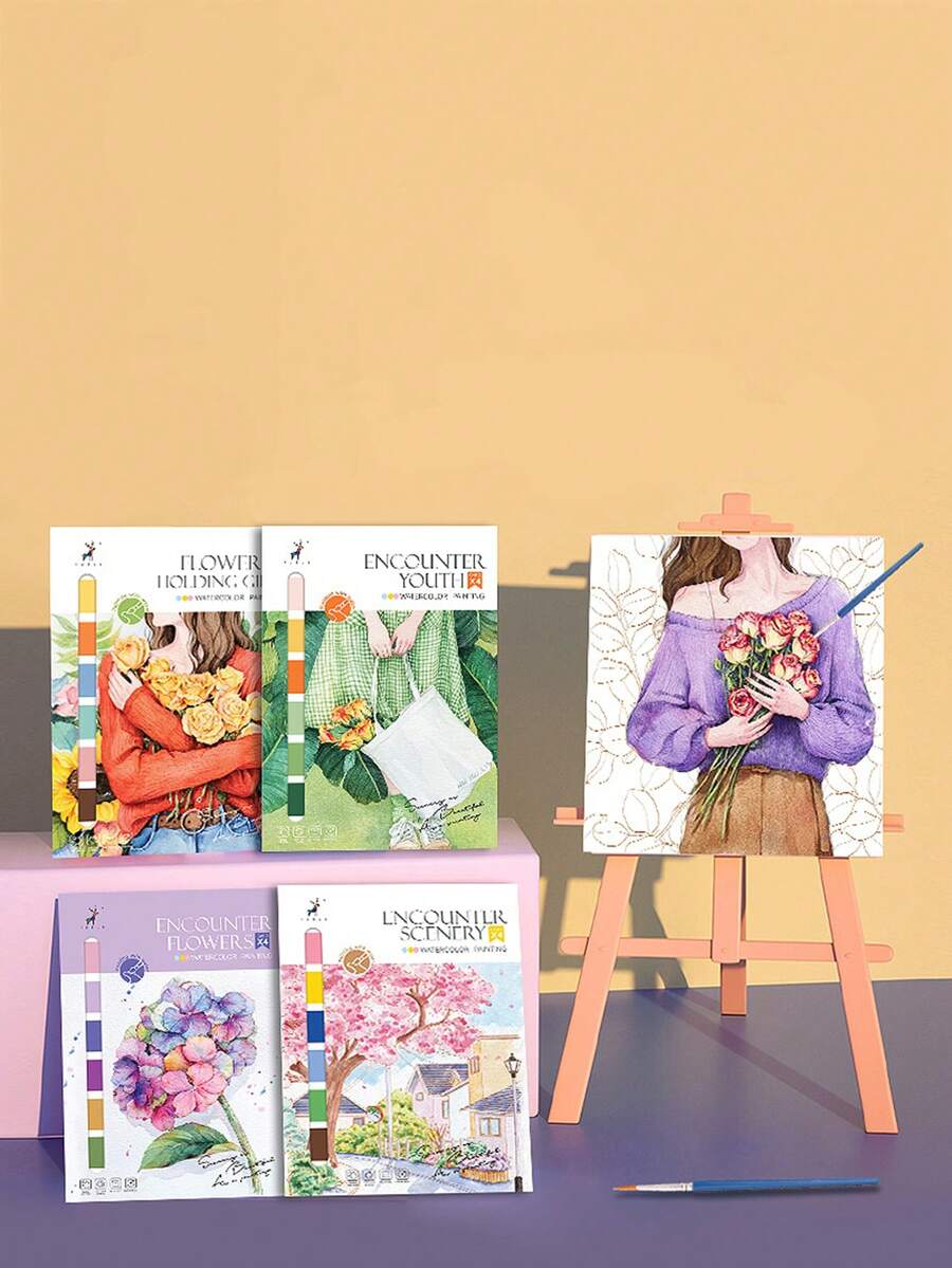 水彩画书，放松和绘画的涂色书，卡通设计，内置水彩颜料和水彩纸，返校，学校用品 - 彩色 - 查看 1