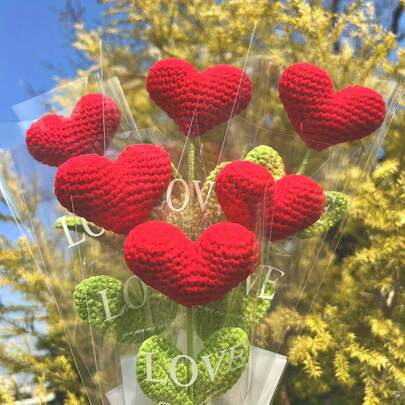 5pcs Handmade Crochet Heart Flower Bouquet - Yarn Handcrafted Heart Flowers With Green Stems, Perfect For Valentine's Day, Mother's Day, Graduation, Thanksgiving, Birthday Gifts And Special Occasions - Home Decor