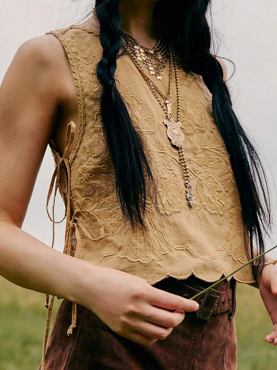 Women's Y2K Embroidery Flower Crop Tank Tops Sleeveless Square Neck Tie Up Side Shirt Summer Casual Going Out Tops Streetwear - 芥末黃 - 查看 1