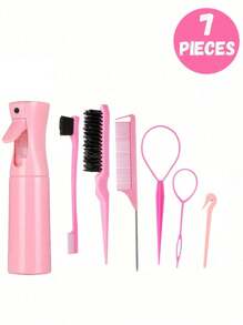 Set di 7 pezzi/6 pezzi/1 pezzo di pettini e flaconi spray, pettine in plastica antstatica con stampa a torre di cartone animato, ago per capelli portatile, flacone spray ad alta pressione, adatto per bambini e ragazze, capelli normali, manico in ABS, design quadrato carino, set di strumenti per parrucchieri