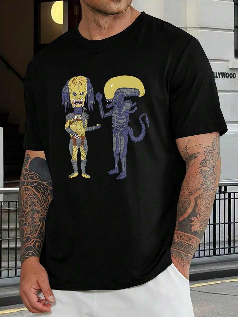 Camiseta de hombre y mujer Alien vs Predator, camiseta para fans de películas de ciencia ficción, camiseta gráfica Predator Alien Face-Off, camiseta informal fresca de manga corta para jóvenes y adultos - Negro - Ver 1